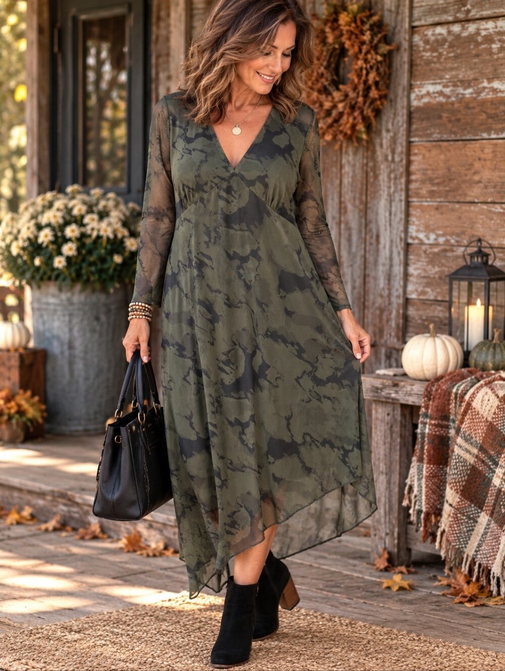 Oak & Trellis XL Olive Camo Mesh Asymmetrical Handkerchief Hem Dress